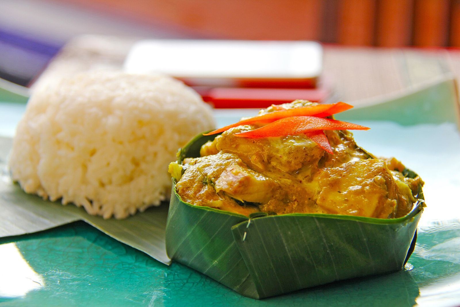 Fish amok with white rice in banana leaves, pictured in Siem Reap, 2015